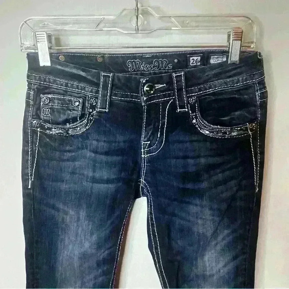 Miss Me Signature Cropped Denim Jean Women 26 Blue Dark Low Rise Back Flaps - Picture 3 of 9